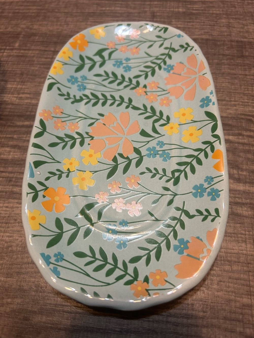Pig Butter Dish Keeper Storage Display Floral Print Ceramic 8" Aqua Green Yellow - Picture 6 of 10